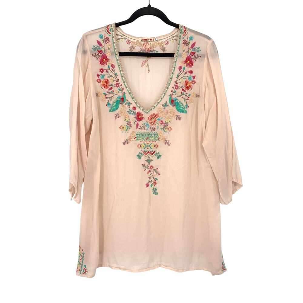 Johnny Was Tunic Blouse Blush Pink Peacock Floral Embroidered Boho V Neck Sz L